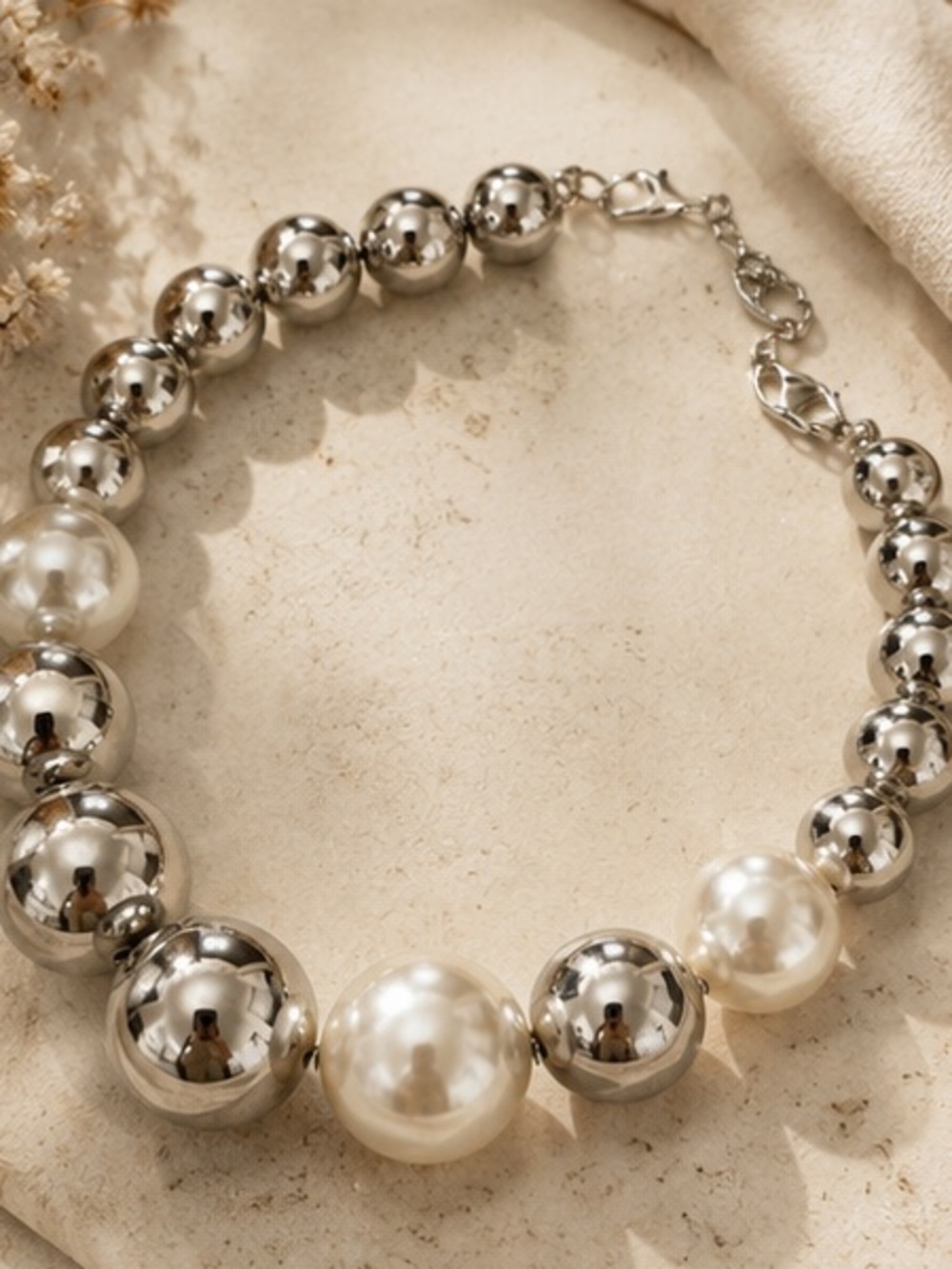 Silver Beaded Faux Pearl Statement Necklace Adjustable Choker
